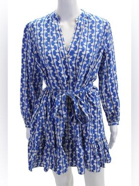 Zara Blue & White Printed Dress with Tie Waist Greek European summer style